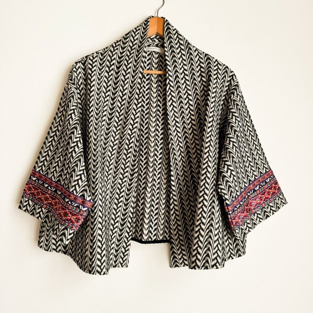 Zara Black and White Patterned Open Front Kimono Blazer with Embroidered Cuffs